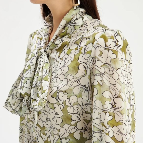 Tie Collar Patterned Blouse - GREEN - Picture 2 of 6